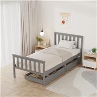 Wood Single Bed Frame with Pull Out Storage Drawers Kids Adults Small Home Grey