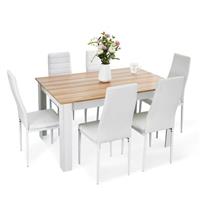 Grey Wooden Dining Table Set w/ 6 Black Faux Leather Chairs Kitchen Furniture
