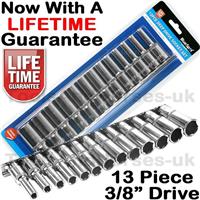 13pc 3/8 Dr Deep Socket Set Single Hex Drive Long Reach Deep Sockets 6mm - 19mm