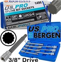 US PRO Extra Long Spline Bit Socket Set 3/8" Dr 12 Point Triple Square M Splines