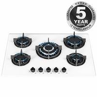 SIA GHG703WH 70cm White 5 Burner Gas On Glass Hob With Cast Iron Pan Stands