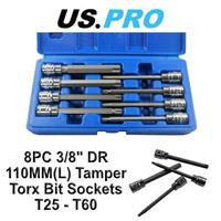 US PRO 8pc 3/8''dr Star Bit Socket Set, Long Torx Tamper, Security set T25 - T60