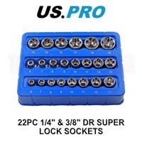 US PRO Tools Super-Lock Shallow Socket Set 22pc 1/4" 6-13mm & 3/8" 6-19mm 1398