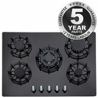 SIA 70cm 5 Burner Black Glass Gas Hob With Cast Iron Pan Stands And Wok Burner