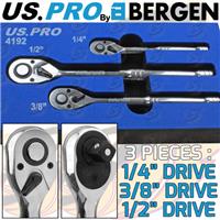 US.PRO 3pc Ratchet Handle Set 1/4" 3/8" 1/2" Long Reach Wrenches Quick Release