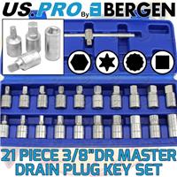 US PRO Drain Plug Master Key Set 21pc Oil Sump Plug Axle Gearbox Drain Plug Tool