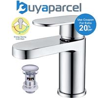 Chrome Compact Cold Eco Start Round Mono Basin Mixer Tap + Clicker Waste WRAS
