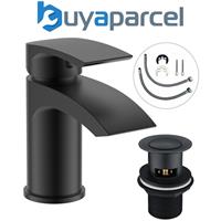 Matt Black Curve Waterfall Cloakroom Basin Mixer Tap Sink Mono Bathroom + Waste