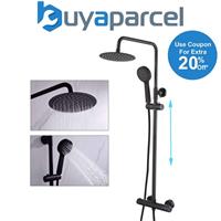 Matte Black Bathroom Thermostatic Mixer Shower Set Round Twin Head Exposed Valve