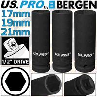 US PRO DEEP IMPACT SOCKET Set 1/2"Dr 3pc 17mm 19mm 21mm 6pt Hx Long Reach Socket