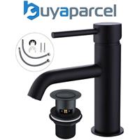 Round Matt Black Bathroom Basin Tap Sink Mono Mixer + Flexi Tails + Waste