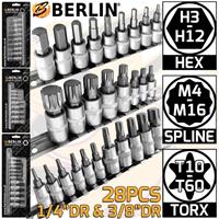 Hex Torx Spline Bit Sockets 1/4" & 3/8" Drive Short Reach Allen HX Star TX 28pc