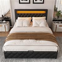 4ft6 Double Gas Lift Ottoman Storage Bed Frame w/ LED Lights Faux Leather Black