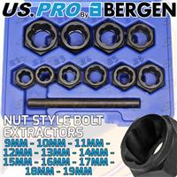 US PRO Bolt Stud Extractor Set Damaged Heads Nut Style Sockets 11pc 9mm - 19mm