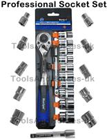 1/2dr Drive Socket Set 72-Tooth Ratchet 10mm-24mm Sockets & Extension Bar 12pc