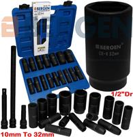 BERGEN Deep IMPACT Socket Set 1/2"Dr 16p 10mm-32mm & 3pc IMPACT Extension Bars