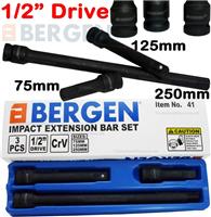 BERGEN 1/2" IMPACT Extension Bars 3pc Long Reach Extension bar Set 1/2Inch Drive