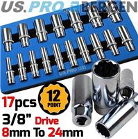 US PRO 12 Point Deep Socket Set 3/8dr 8-24mm Double Hex Long Reach Deep Sockets