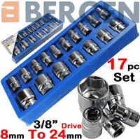BERGEN Socket Set 3/8" Drive Shallow Sockets Set 17pc 8mm-24mm Socket Tool Set