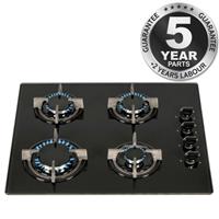 SIA GHG602BL 60cm 4 Burner Gas On Glass Hob In Black With Cast Iron Pan Stands