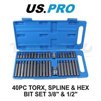 US PRO Tools 40pc Torx / Spline & Hex Bit Set 3/8" & 1/2" Drive Bit Holder 2200