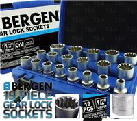 BERGEN 1/2" Gear Lock Socket Set 8-32mm 19 Piece Hex Double Hex T Star AF & MM