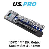 US PRO Tools 15pc 1/4''dr Metric Socket Wrench set 4 - 14mm 3226