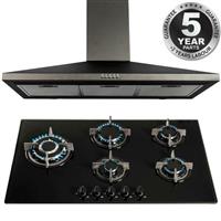 SIA Black 90cm 5 Burner Gas On Glass Hob And Chimney Cooker Hood Extractor Fan