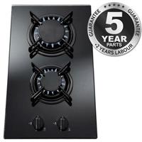 SIA GHG302BL 30cm 2 Burner Black Glass On Gas Domino Hob With Enamel Pan Stands