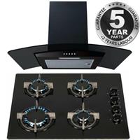 SIA 60cm Black 4 Burner Gas On Glass Hob And Smoked Curved Glass Cooker Hood Fan