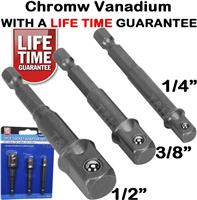 3pc Drill Socket Adaptor Hex Drive To 1/4 3/8 1/2 Square Drive Socket Adapter