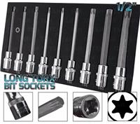 BERGEN Extra Long TORX BIT Socket Set 1/2" Dr Star Keys T27-T70 TX Torx Sockets