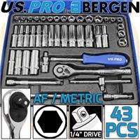 US PRO Socket Set 43pc 1/4 Drive Metric AF Ratchet Hex UJ Adaptor Socket Set
