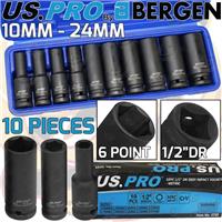 US PRO DEEP IMPACT SOCKET Set 1/2Dr 10pc 10mm-24mm 6pt Hex Long Reach Sockets