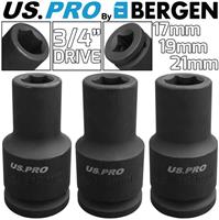 BERGEN 17mm 19mm 21mm 3/4 Dr DEEP IMPACT SOCKET 6 Point HEX Long Reach HD