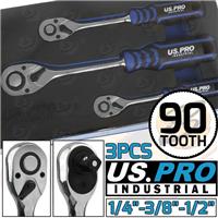US PRO Ratchet Handle Set 90T 1/4 3/8 1/2 Drive Soft Grip Socket Wrenches
