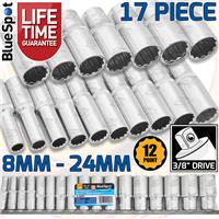 12 Point Deep Socket Set 3/8DR 8mm - 24mm Double Hex Long Reach Deep Sockets HD