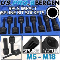 US PRO Impact Spline Bit Sockets Set 1/2" Drive Impact M5 - M18 Spline Key CR-MO