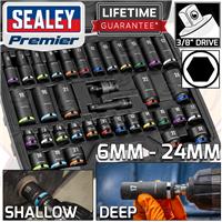 SEALEY DEEP & SHALLOW IMPACT SOCKET Set 3/8"Dr 36pc 6mm-24mm 6pt Hex Sockets Set