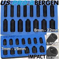 US PRO DEEP & SHALLOW IMPACT SOCKET Set 3/8"Dr 28pc 7mm-22mm 6pt Hex Sockets Set