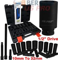 Thin Wall Deep IMPACT Socket Set 1/2"Dr 16pc 10mm-32mm& 3pc IMPACT Extension Bar