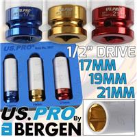 BERGEN Alloy Wheel Nut DEEP Thin Wall Impact Socket Set 1/2drive 17mm 19mm 21mm