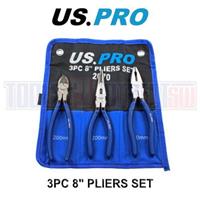 US PRO 8 200mm 3pc Plier Set, Side Cutter, Long Nose, Combination Pliers 2070