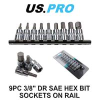 US PRO 9pc 3/8" dr SAE / Imperial Hex, Allen Bit Sockets Socket Rail 3385