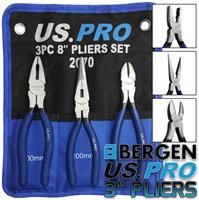 BERGEN 3 Piece 8" Soft Grip Combination Pliers Side Cutters Long Nose Pliers Set