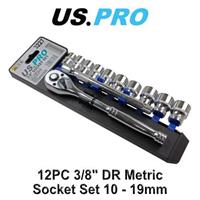 US PRO 12 Piece 3/8" Drive Metric Socket Wrench Set 6PT 10 - 19MM 3227