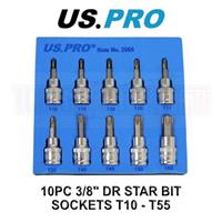 US PRO 10pc 3/8dr Torx / Star Bit Socket Set 48mm (L) T10 TO T55 2066