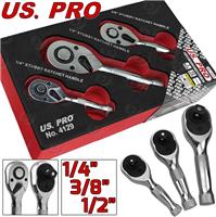 US.PRO TOOLS 3pc Stubby Ratchet Handle Set 1/4 3/8 1/2 Short Socket Wrenches