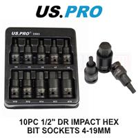 US PRO Tools 10pc Impact Hex Bit Socket Set 1/2" Drive 4mm To 19mm 3593