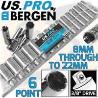 US PRO 3/8 Drive Deep Socket Set 8mm - 22mm Single Hex Long Reach Deep Sockets